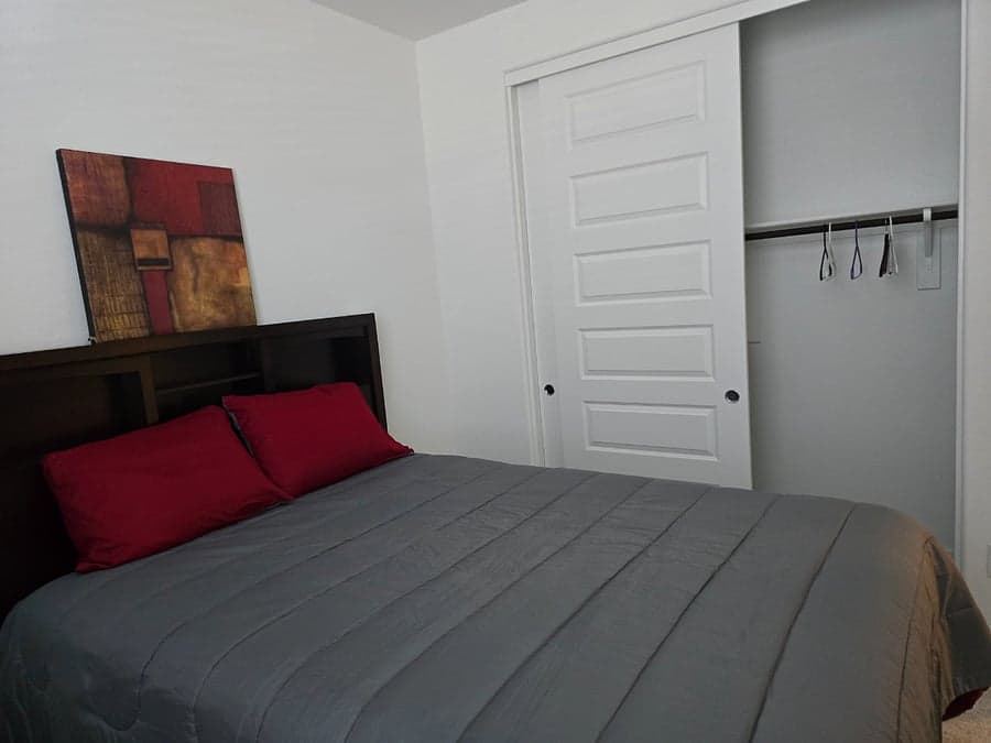 Bedroom with queen bed and sliding-door closet